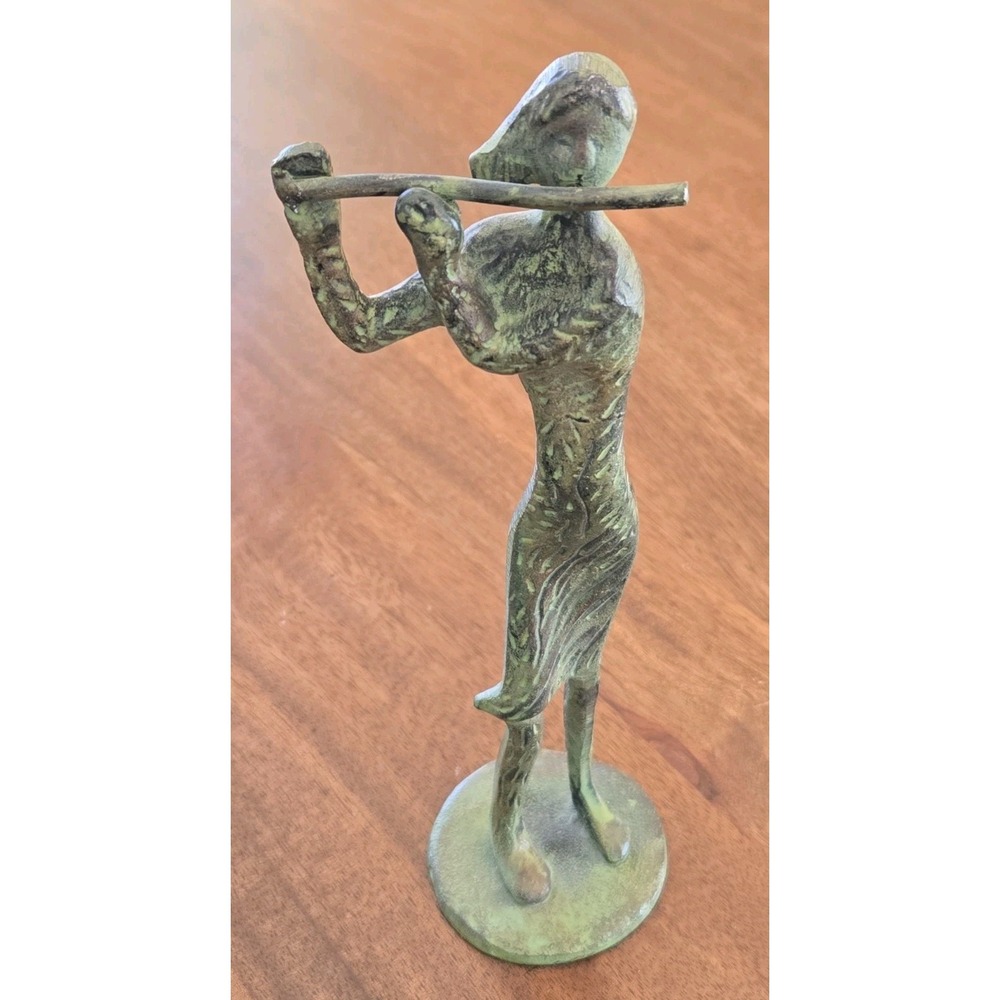 VTG Brutalist Cast Bronze/Metal Sculpture Female Flautist 10.5" Green Patina